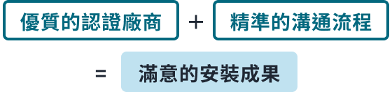 優質的認證廠商 精準的溝通流程 滿意的安裝成果
